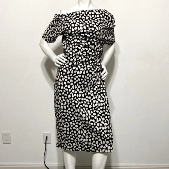 ASOS "NEW" Splodge Print Mono Polka Dot Pleated Shoulder Pencil Midi Dress Sz 12 - Picture 7 of 8